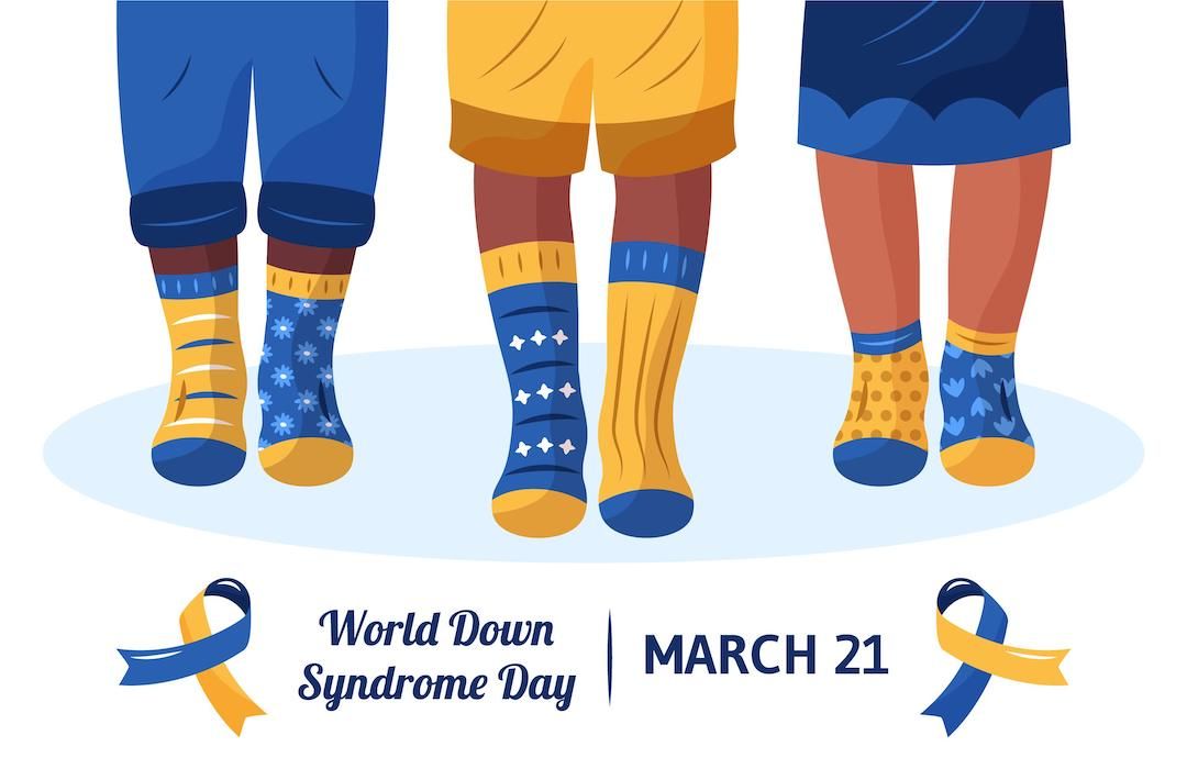ilustracion de 3 niños, solo se les ven las piernas y que llevan calcetines desparejados. Debajo el texto world down syndrome day march 21