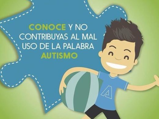imagen de liga autismo donde hay un dibujo de un niño con una pelota en la mano y el texto "conoce y no contribuyas al mal uso de la palabra autismo"