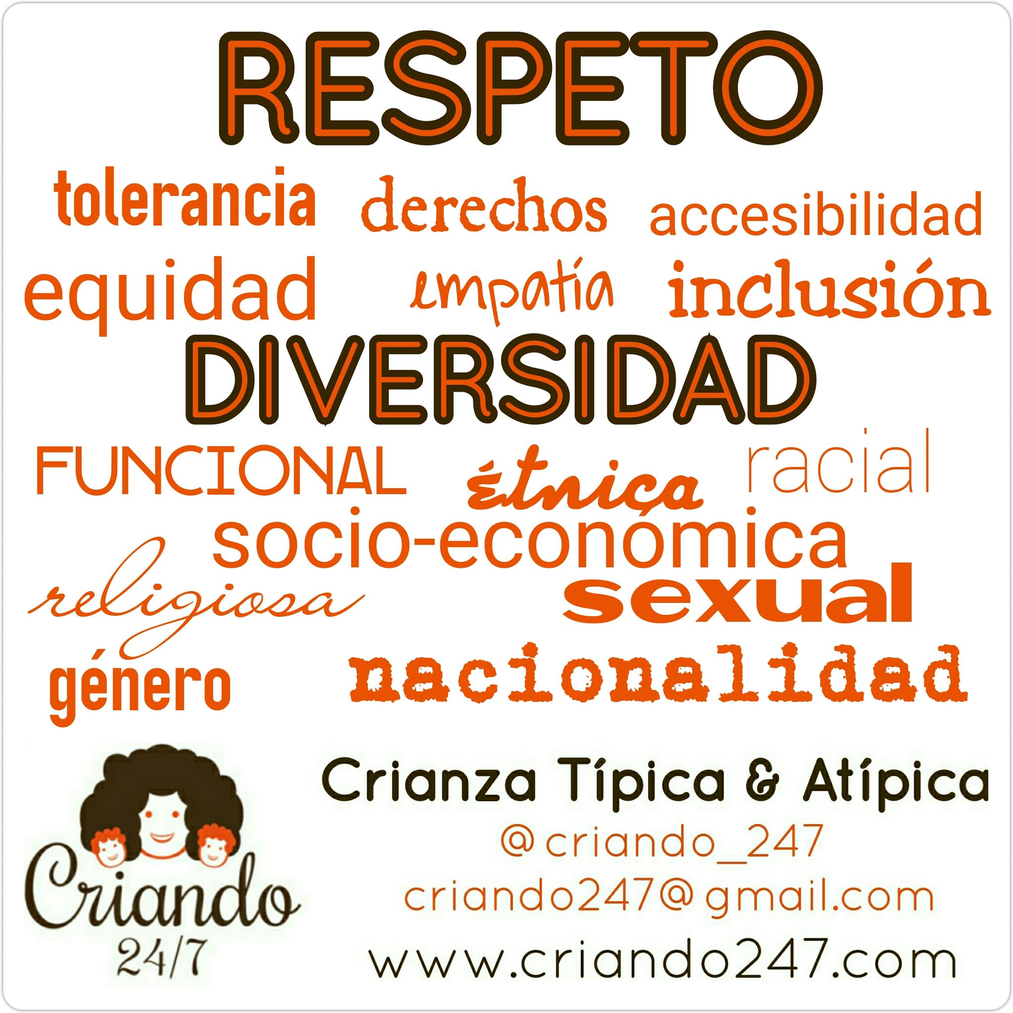 Respeto a la diversidad funcional, éetnica, racial, socio económica, religiosa, sexual de género, nacionalidad. tolerancia, derechos, accesibilidad, equidad, empatía,