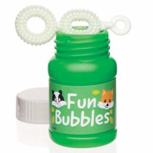 pompero verde con la pegatina fun bubbles y las caras de un zorrito y un zorrino