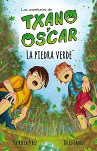 portada del cuento txano y oscar la piedra verde, donde se ve una ilustracion de dos niños en un bosque, mirando hacia el suelo sorprendidos.