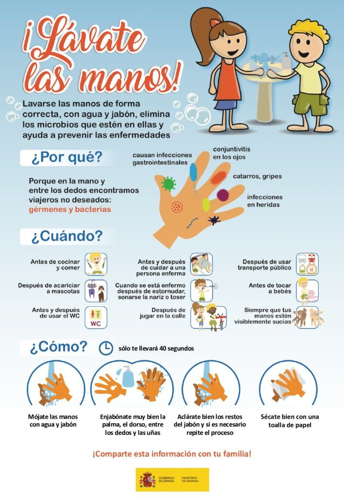 cartel del ministerio de sanidad sobre lavado de manos dirigido a la población infantil