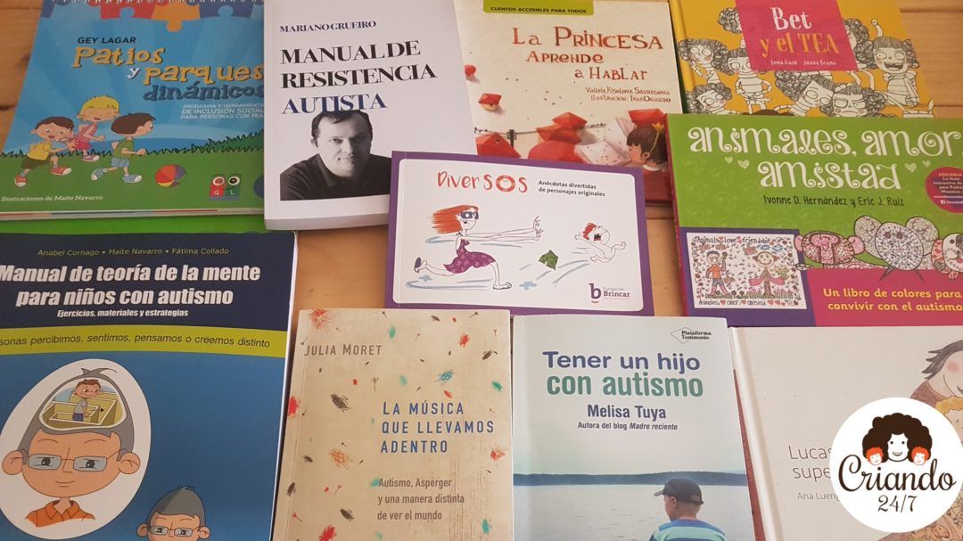 selección de libros sobre autismo incluidos en el post. logo de criando 24/7