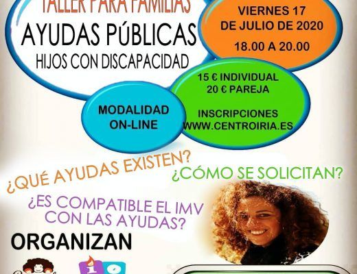 Cartel del Taller online de ayudas publicas para familias con hijos con discapacidad en Centro Iria impartido por Criando 24/7