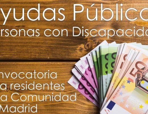 billetes de euros sobre mesa de madera y el texto Ayudas públicas personas con discapacidad convocatoria para residentes en la comunidad de madrid