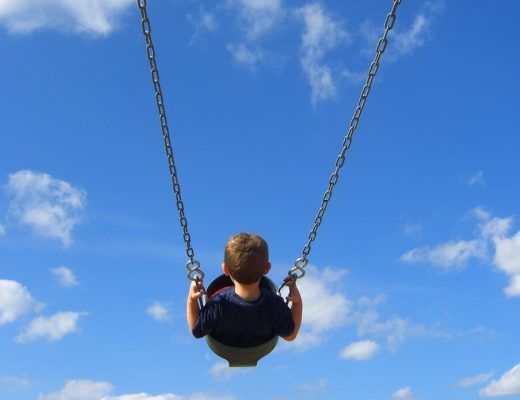 foto de un niño de espaldas columpiándose con el cielo azul con nubes blancas de fondo