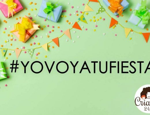 fondo verde con paquetes de regalo y banderines de colores. Texto: #yovoyatufiesta . logo de Criando 24/7