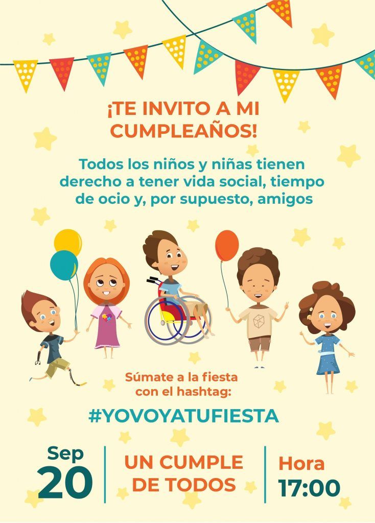 cartel de Cinco sentidos y medio. Invitación a la fiesta de cumpleaños, con ilustraciones de niños y niñas con globos y banderines. 