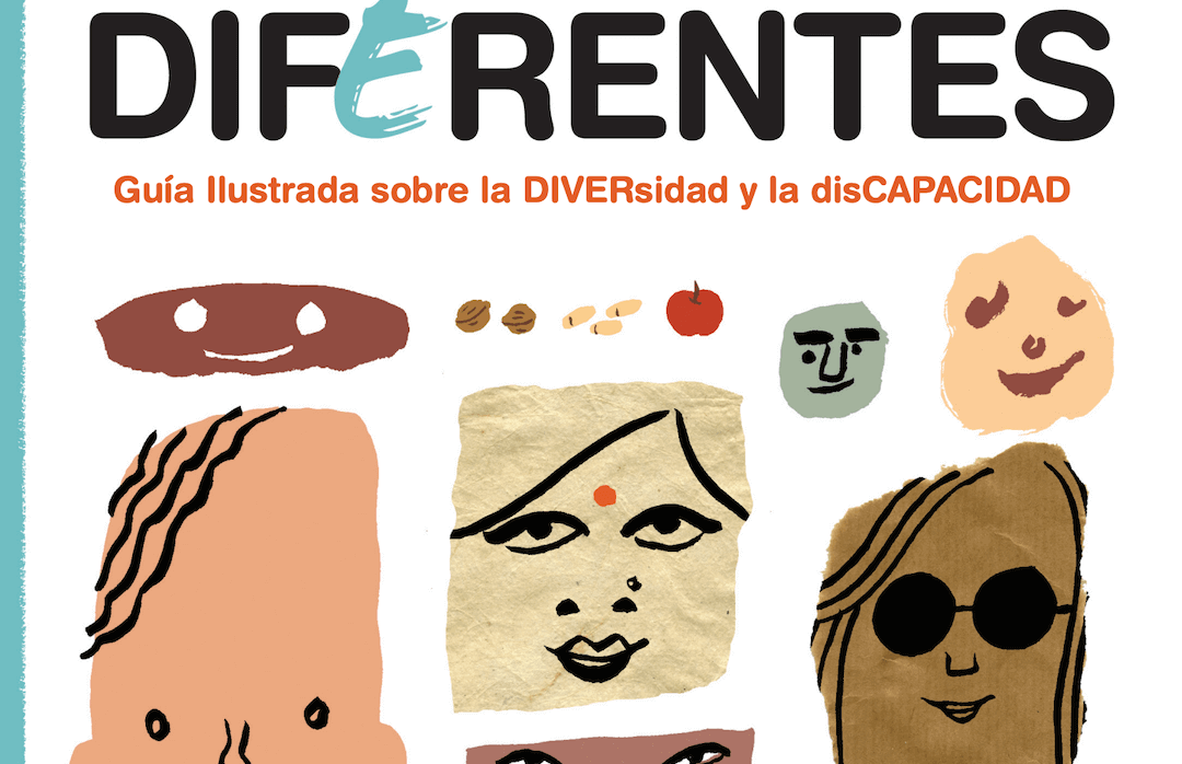 portada del cuento DIFERENTES sobre diversidad y discapacidad, con ilustraciones de rostros en formas y colores diversos