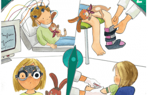 interior del cuento érase una vez un regalo derechos en parálisis cerebral, con ilustracion de una niña en diferentes pruebas médicas