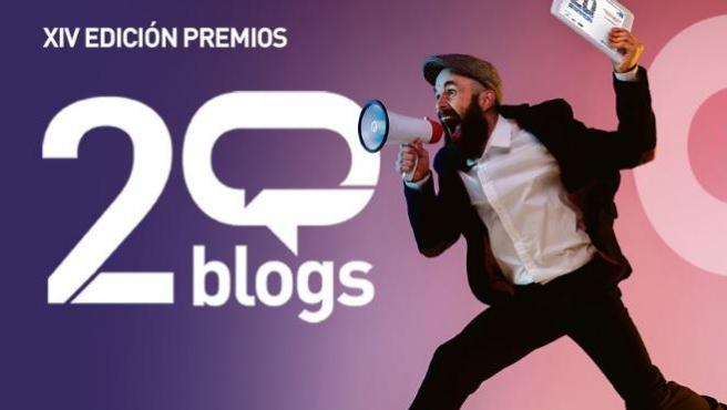 cartel de los premios 20 blogs con un chico gritando por un megáfono