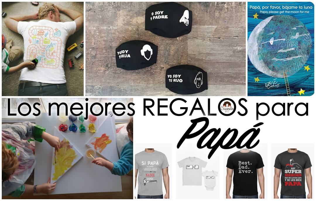 fotos de camisetas, mascarillas, libros y lienzos con el texto Los mejores regalos para papá y logo de Criando 24/7