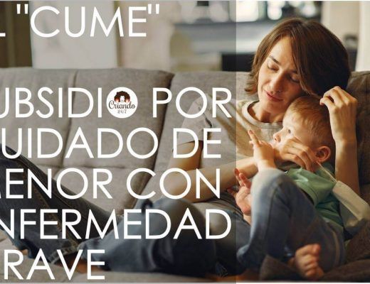el cume. subsidio por cuidado de menor con enfermedad grave. sobre una foto de una madre abrazando a un niño sentados en el sofa