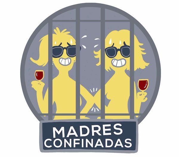 logo de Madres Confinadas, donde se ve una ilustracion de dos mujeres con risa forzada, una copa de vino en mano, detrás de unos barrotes de carcel