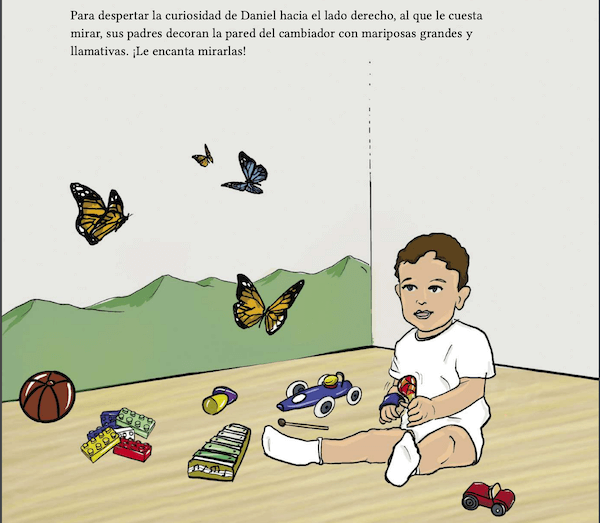 interior del cuento descubriendo el mundo con Daniel. Se ve una ilustracion de un niño pequeño, sentado en el suelo rodeado de juguetes y unas mariposas pintadas en la pared del dormitorio.