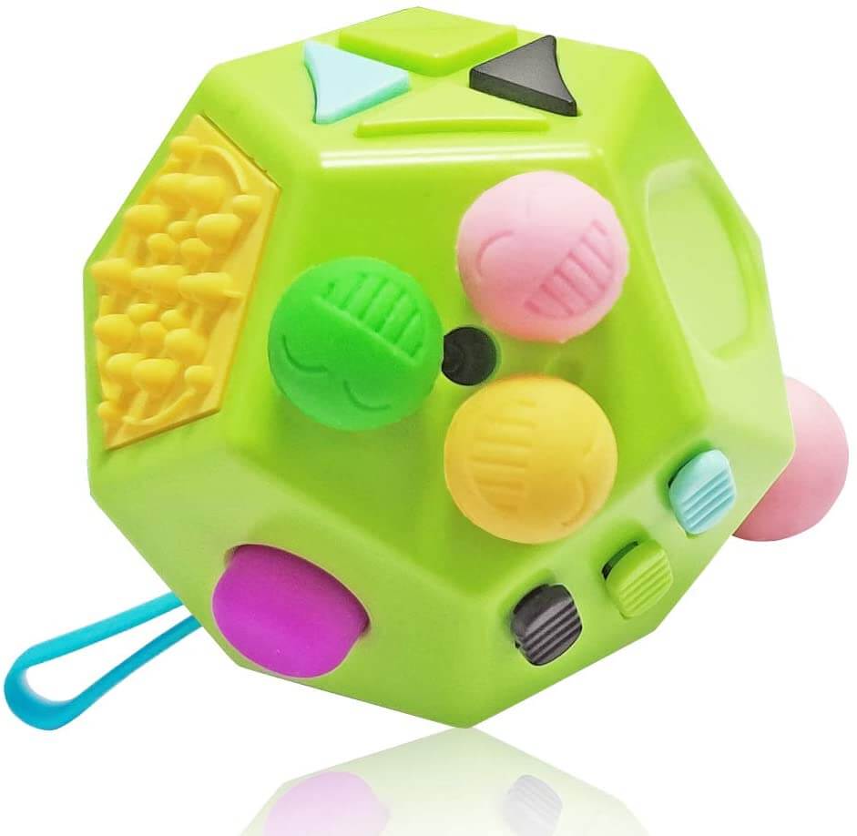 fidget cubo para descompresión sensorial con varios botones y usos