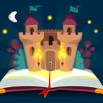 ilustración de un libro abierto del que sale un castillo. En el fondo la noche oscura, estrellas y una medialuna