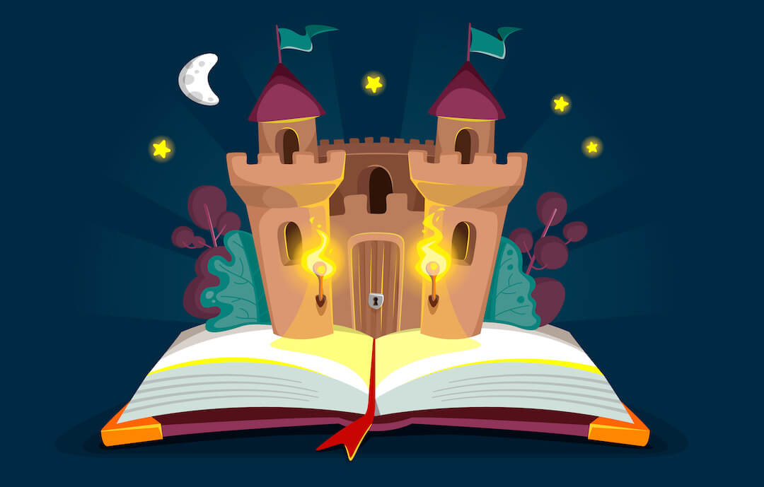ilustración de un libro abierto del que sale un castillo. En el fondo la noche oscura, estrellas y una medialuna
