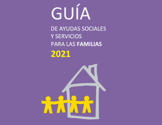 portada de la guçia de ayudas sociales y servicios para las familias 2021. se ve una ilustracion de 4 personas entrando en una casa.