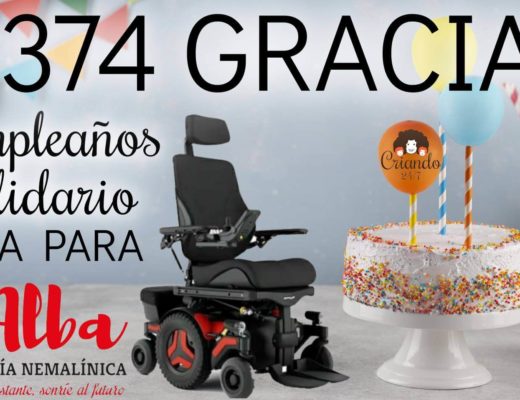 foto de una tarta de cumpleaños con globos y banderines. Texto: 3.374 gracias. cumpleaños solidario. SILLA PARA (logo de Asociación Alba Miopatia Nemalinica). La foto de la silla de ruedas eléctrica. En uno de los globos está el logo de Criando 24/7.
