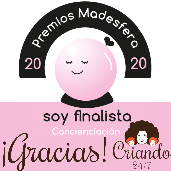 premios madresfera 2020 soy finalista concienciacion. Gracias y logo de Criando 24/7