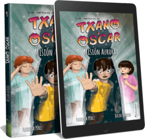 Libro y tablet con el libro digital de Las aventuras de Txano y Óscar: Misión Aurora