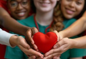 personas sonriendo , con las manos unidas sosteniendo un corazon